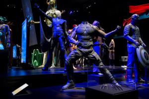 Three custom mannequins are visible here: Storm and Wolverine from X-Men: Days of Future Past (2014) and Marvel's Captain America: The Winter Soldier (2014). The display case and shield mount were constructed for the Los Angeles-only additions (AMPAS). Hollywood Costume, Gallery 3