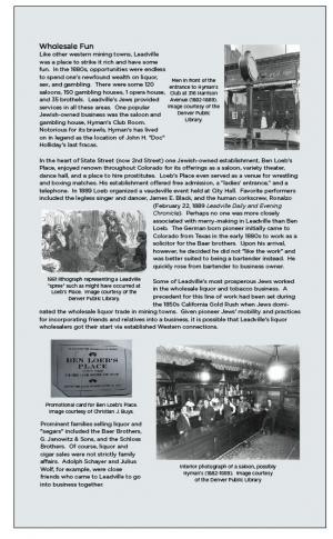 This exhibition wall panel addresses one aspect of Jewish industry in 19th century Leadville, Colorado. Frontier Jewish Leadville text panel.